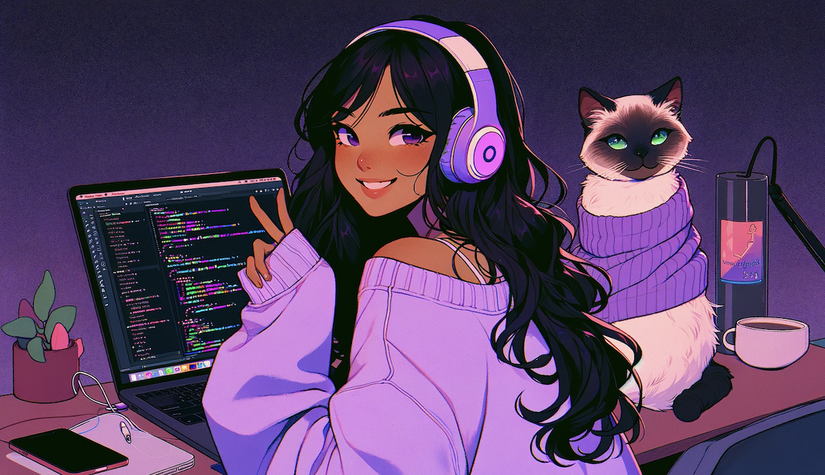 illustration of maya wearing headphones in front of a laptop with code and a her cat toast